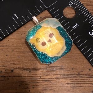 Handmade yellow owl on blue glitter resin charm